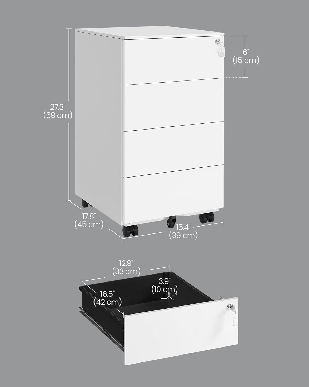 SONGMICS Dulap mobil rollbox pentru dosare, din otel, 4 sertare, incuietoare, roti blocabile, 39x45x69 cm, alb