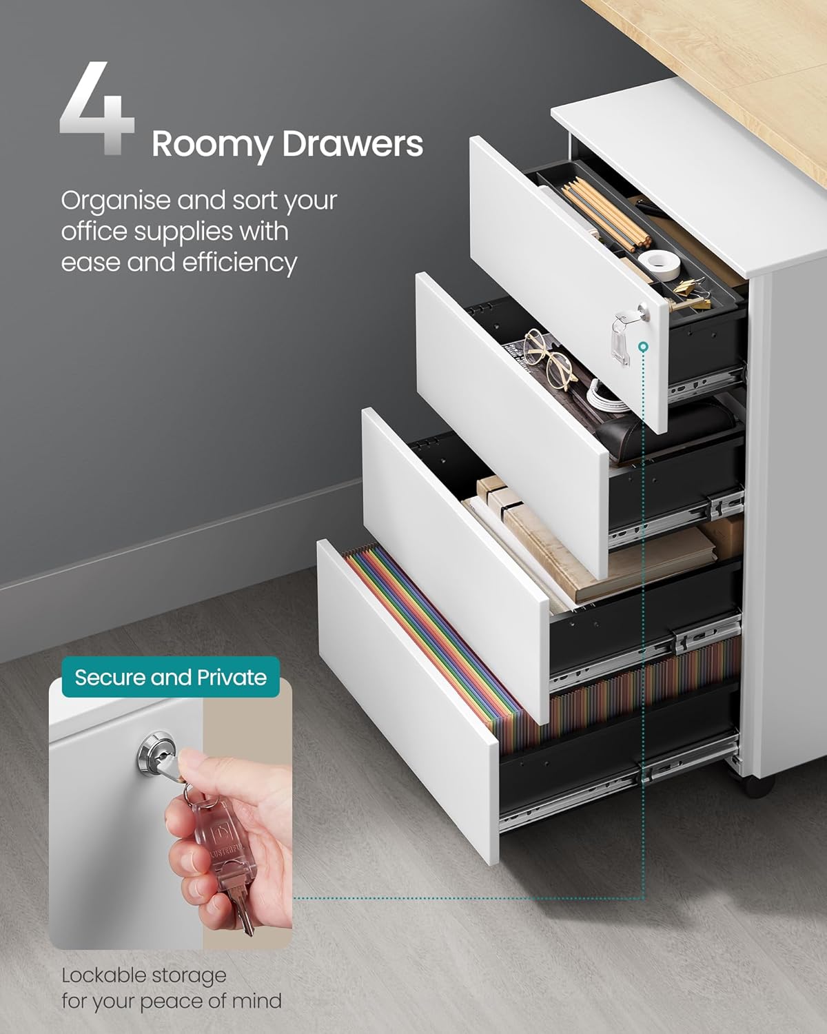 SONGMICS Dulap mobil rollbox pentru dosare, din otel, 4 sertare, incuietoare, roti blocabile, 39x45x69 cm, alb