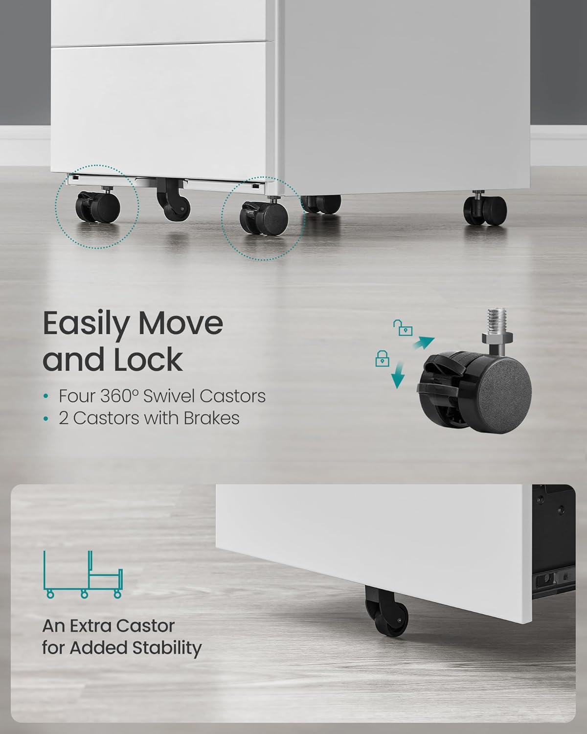 SONGMICS Dulap mobil rollbox pentru dosare, din otel, 4 sertare, incuietoare, roti blocabile, 39x45x69 cm, alb