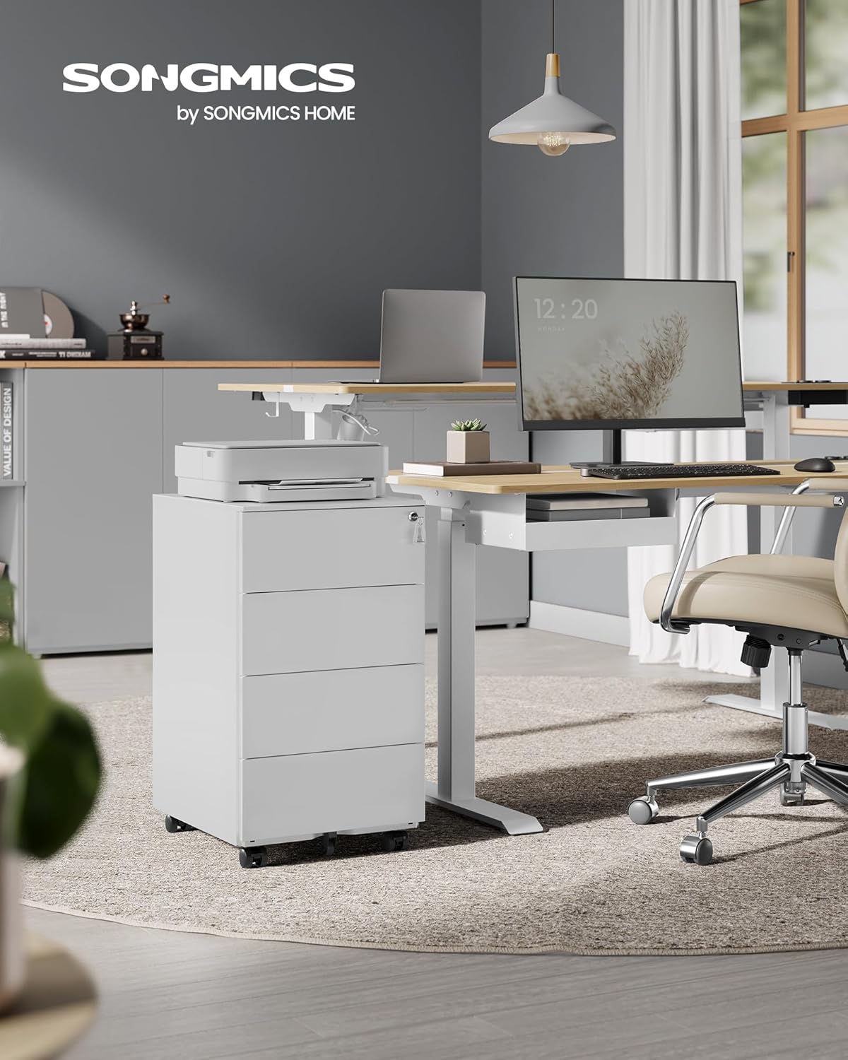 SONGMICS Dulap mobil rollbox pentru dosare, din otel, 4 sertare, incuietoare, roti blocabile, 39x45x69 cm, alb