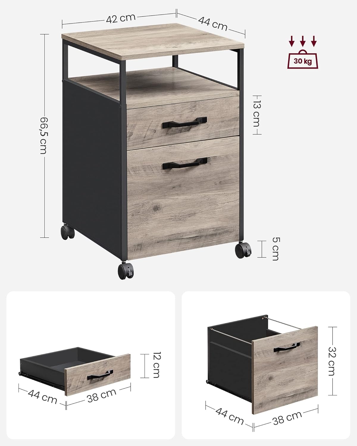 VASAGLE Dulap mobil 42x44x69 cm, cu 2 sertare si roti cu frana, compartiment deschis si suport dosare, PAL si otel, gri si negru
