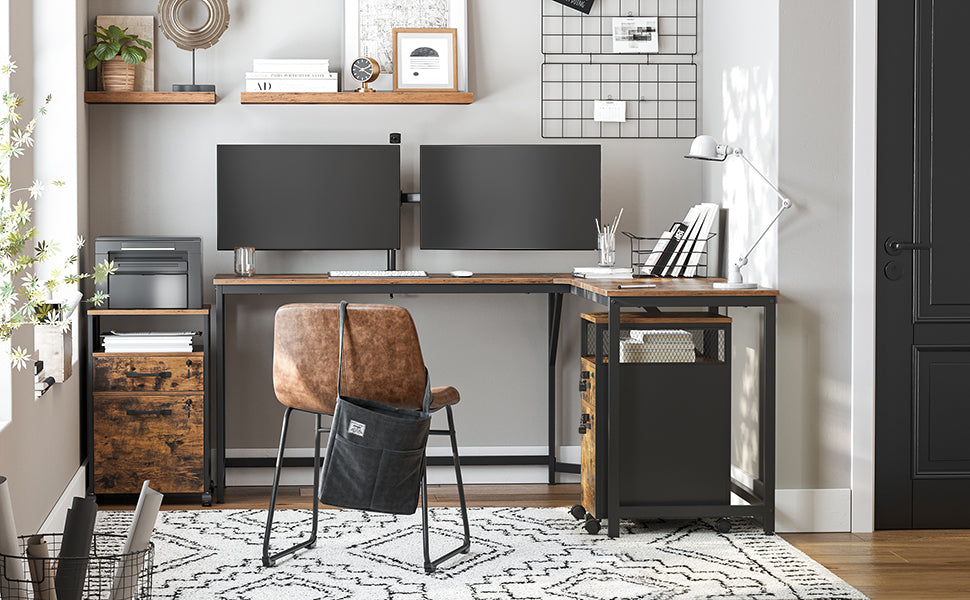 VASAGLE Dulap mobil 42x44x69 cm, cu 2 sertare si roti cu frana, compartiment deschis si suport dosare, PAL si otel, maro rustic si negru