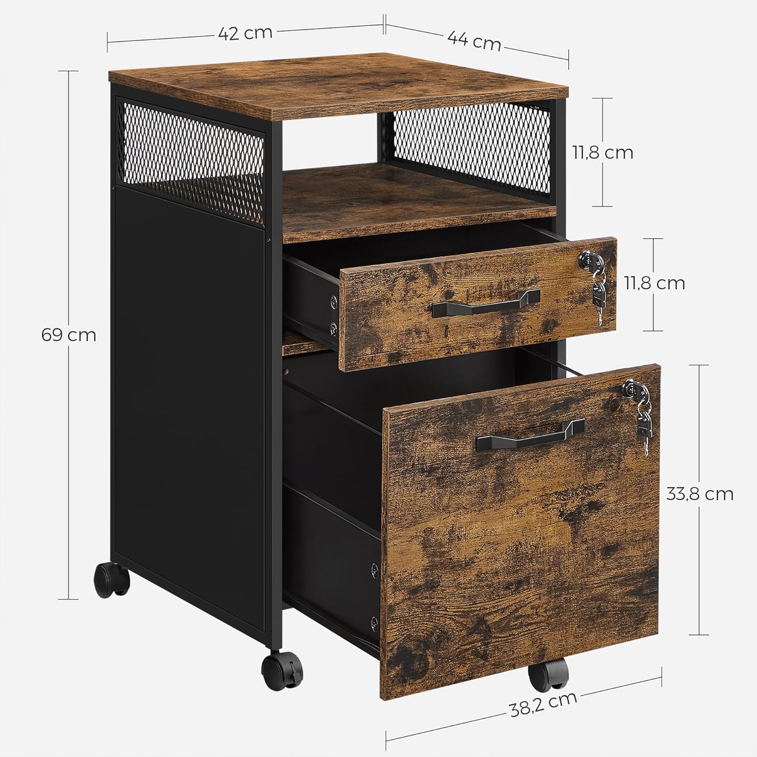VASAGLE Dulap mobil 42x44x69 cm, cu 2 sertare si roti cu frana, compartiment deschis si suport dosare, PAL si otel, maro rustic si negru