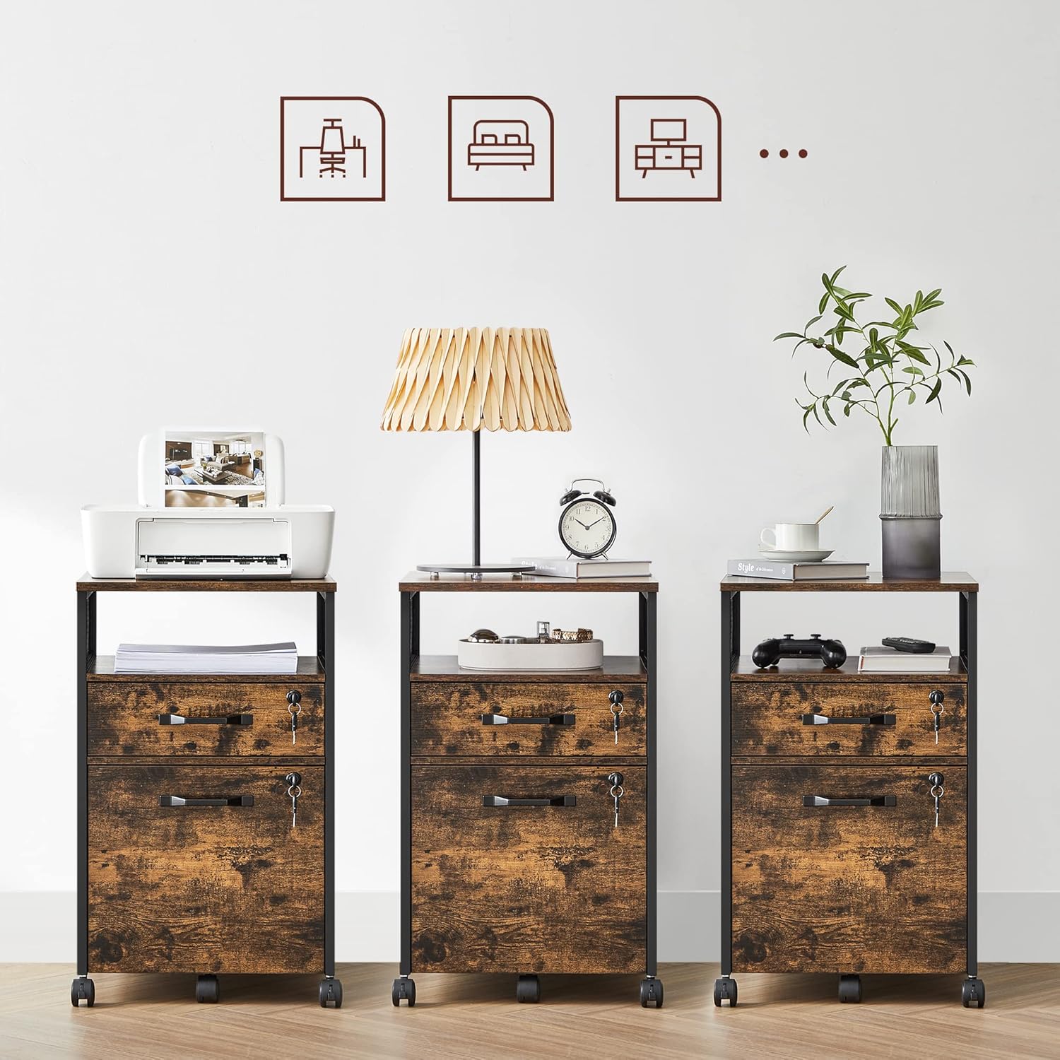 VASAGLE Dulap mobil 42x44x69 cm, cu 2 sertare si roti cu frana, compartiment deschis si suport dosare, PAL si otel, maro rustic si negru
