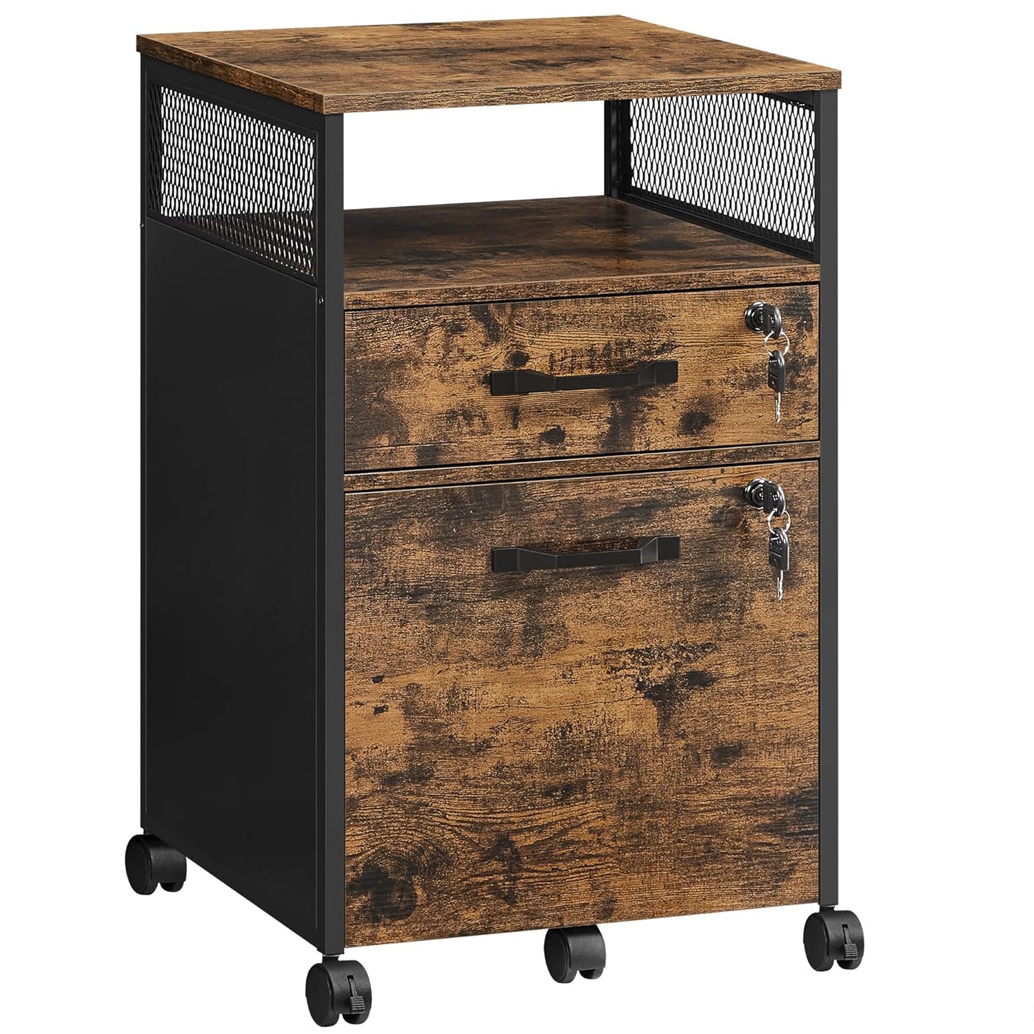 VASAGLE Dulap mobil 42x44x69 cm, cu 2 sertare si roti cu frana, compartiment deschis si suport dosare, PAL si otel, maro rustic si negru