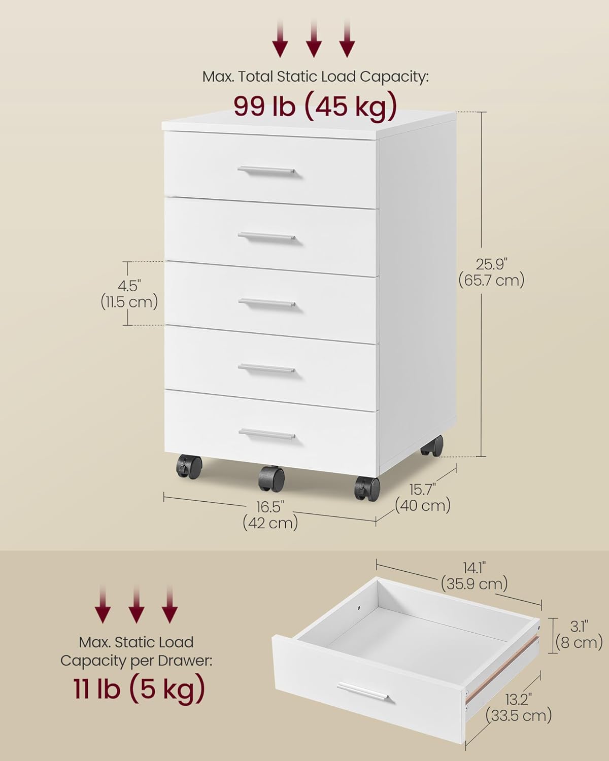 VASAGLE Dulap mobil rollbox pentru birouri, cu 5 sertare si roti, cadru din PAL, 42x40x66 cm, alb