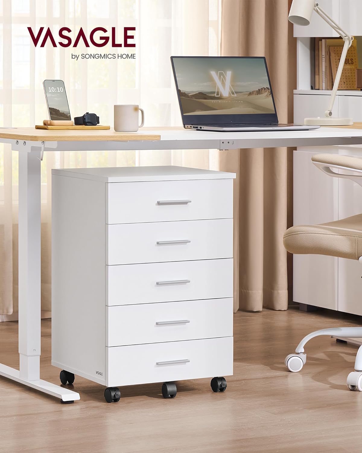 VASAGLE Dulap mobil rollbox pentru birouri, cu 5 sertare si roti, cadru din PAL, 42x40x66 cm, alb