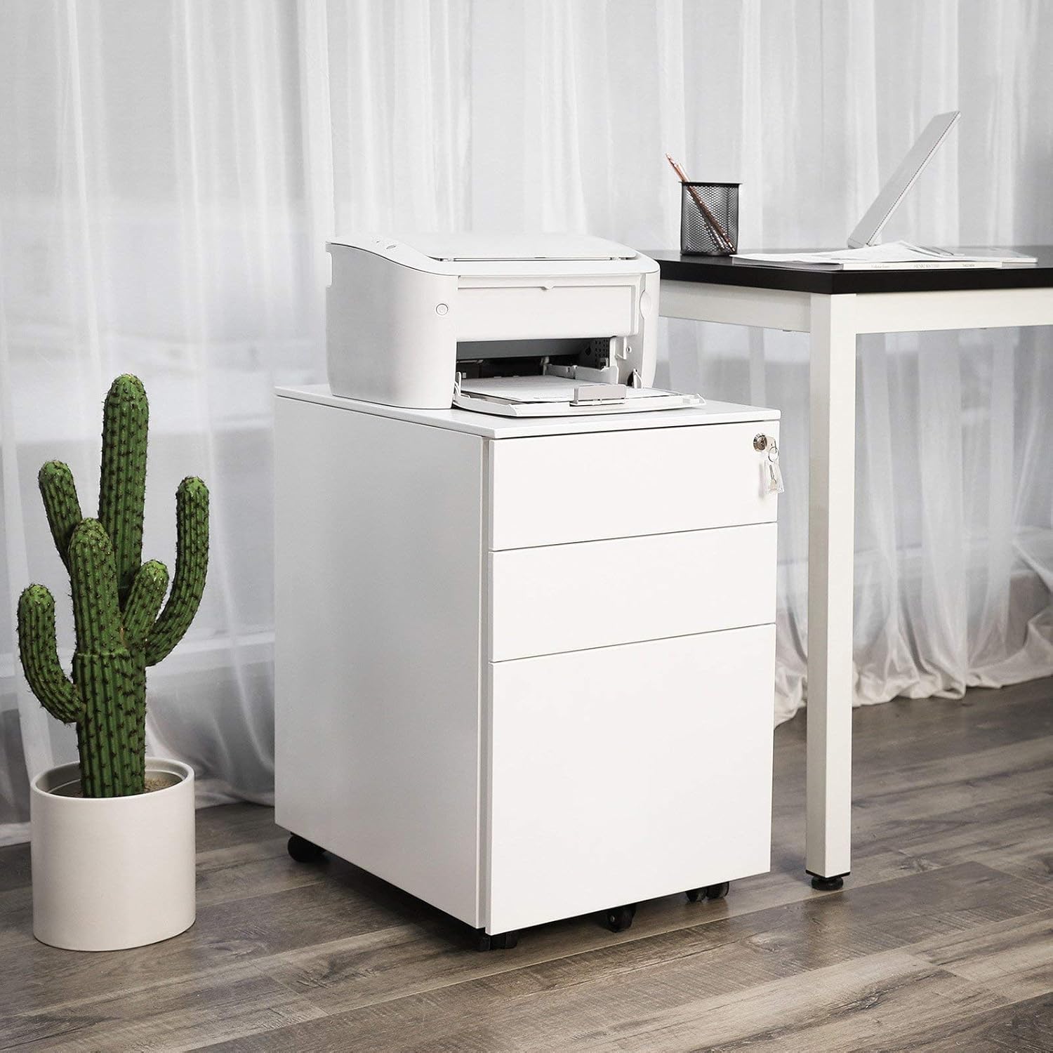SONGMICS Dulap mobil tip rollbox pentru birouri, din otel, sertar cu sina dosare A4, 39x52x60 cm, alb