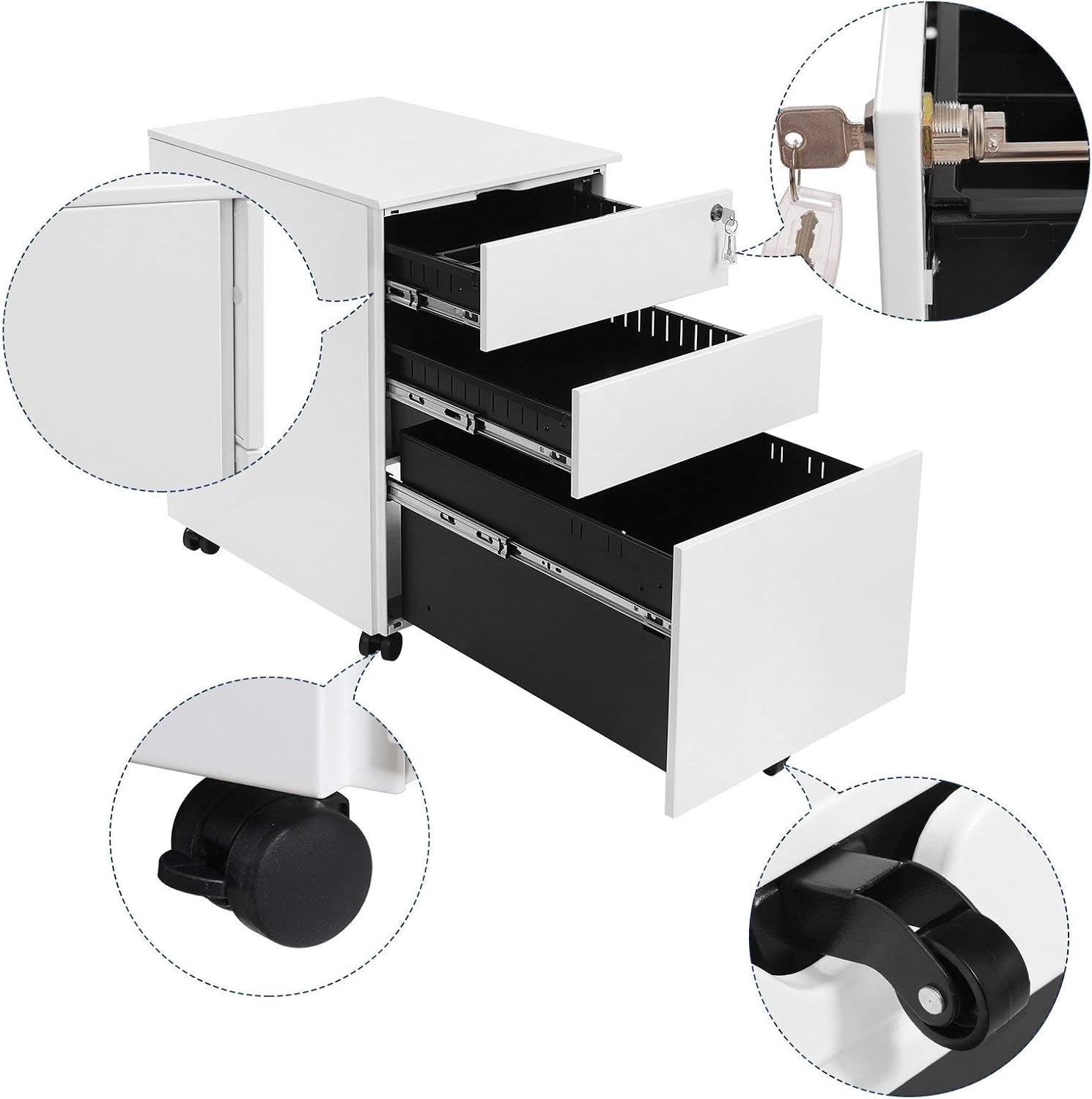 SONGMICS Dulap mobil tip rollbox pentru birouri, din otel, sertar cu sina dosare A4, 39x52x60 cm, alb
