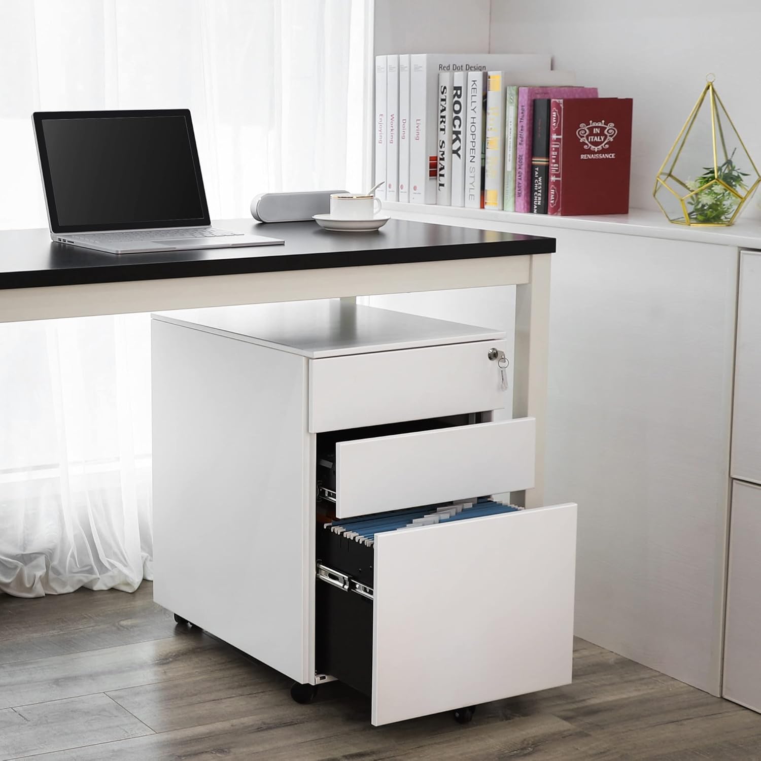 SONGMICS Dulap mobil tip rollbox pentru birouri, din otel, sertar cu sina dosare A4, 39x52x60 cm, alb