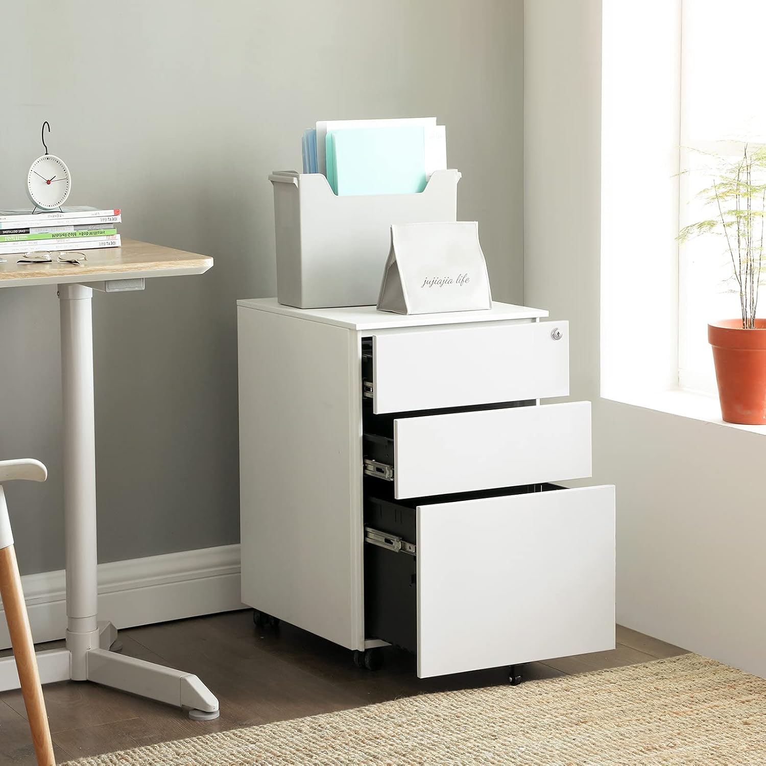 SONGMICS Dulap mobil tip rollbox pentru birouri, din otel, sertar cu sina dosare A4, 39x52x60 cm, alb