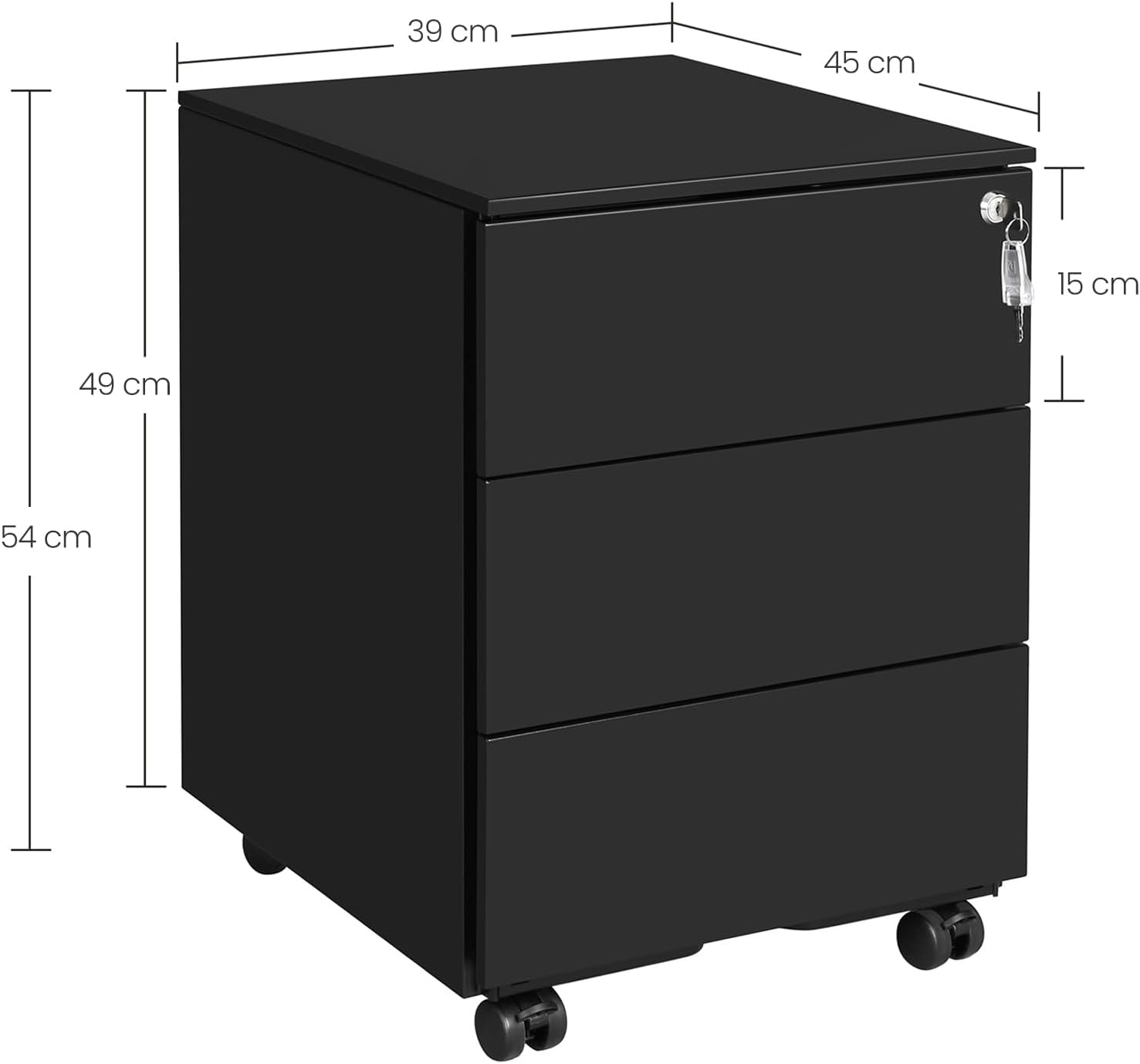 SONGMICS Dulap mobil rollbox pentru birouri, 3 sertare pentru documente, corp pre-asamblat, 45x39x54 cm, negru