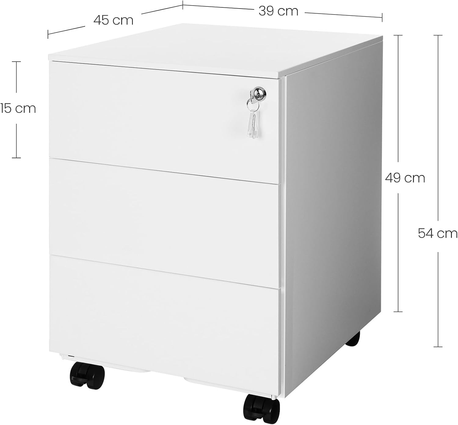 SONGMICS Dulap mobil rollbox pentru birouri, 3 sertare pentru documente, corp pre-asamblat, 45x39x54 cm, alb