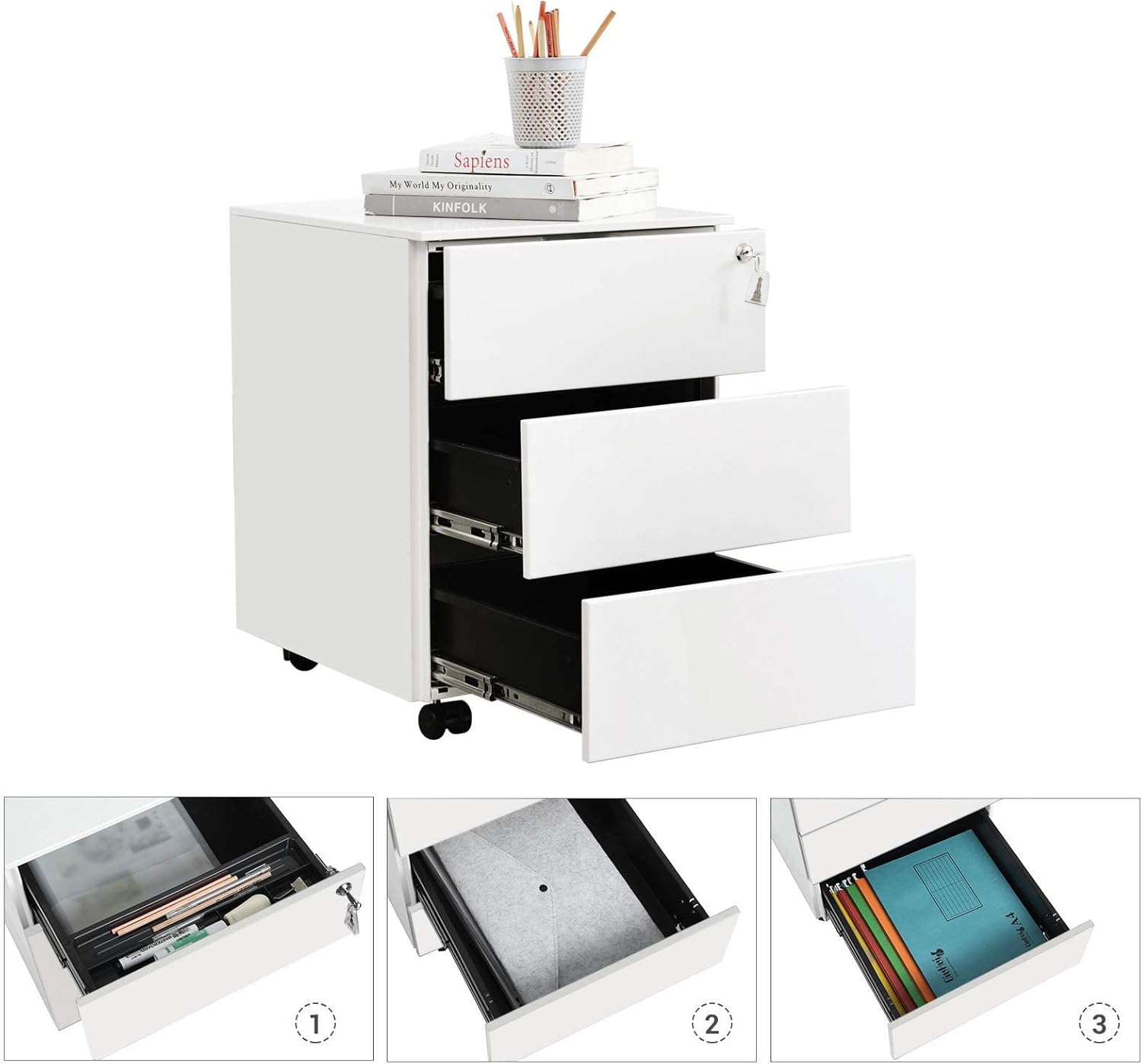 SONGMICS Dulap mobil rollbox pentru birouri, 3 sertare pentru documente, corp pre-asamblat, 45x39x54 cm, alb