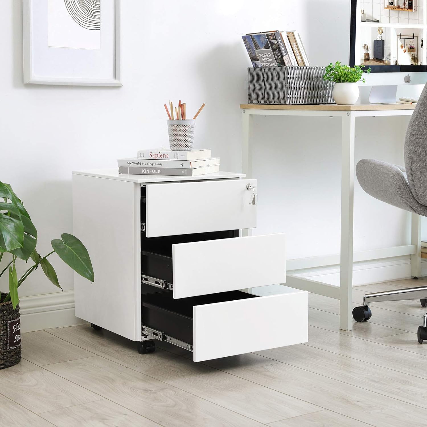 SONGMICS Dulap mobil rollbox pentru birouri, 3 sertare pentru documente, corp pre-asamblat, 45x39x54 cm, alb