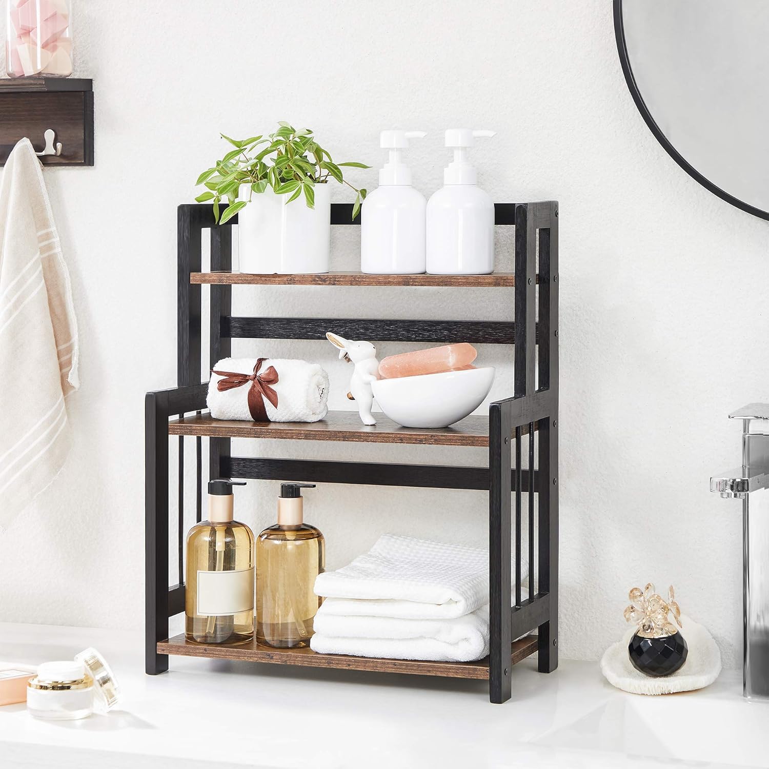 SONGMICS Etajera condimente 3 niveluri, raft bucatarie din bambus si PAL, 41x18x53 cm, maro rustic