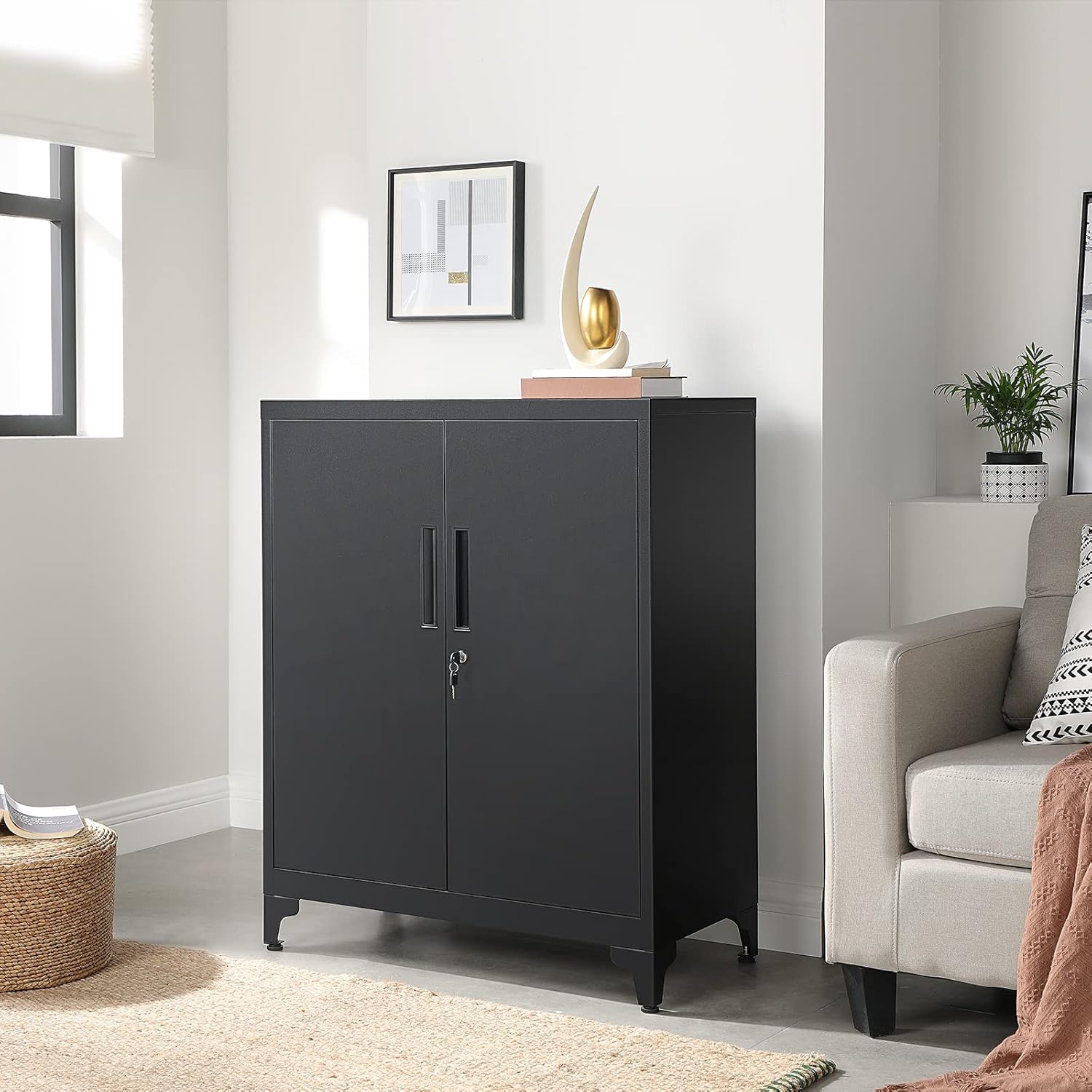 SONGMICS Dulap birou metalic cu 2 usi si sistem de inchidere, multifunctional cu rafturi reglabile, 40x80x90 cm, negru