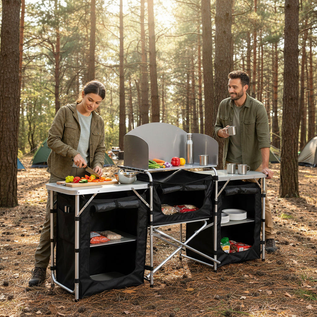 Bucatarie de camping pliabila cu 3 blaturi, cadru aluminiu, portabila pentru exterior, 175x40x111 cm
