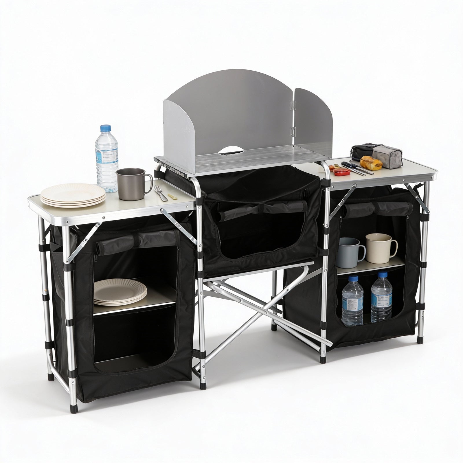 Bucatarie de camping pliabila cu 3 blaturi, cadru aluminiu, portabila pentru exterior, 175x40x111 cm