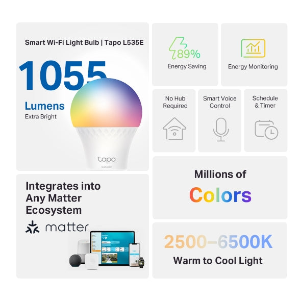 BEC LED wireless TP-LINK, 1055lm, 8.6W, E27, intensitate reglabila, control prin smartph.cu apl.Tapo, ajustare auto a luminii in fct. de mom zilei-diferite culori "Tapo L535E" ( timbru verde 0.60 lei)