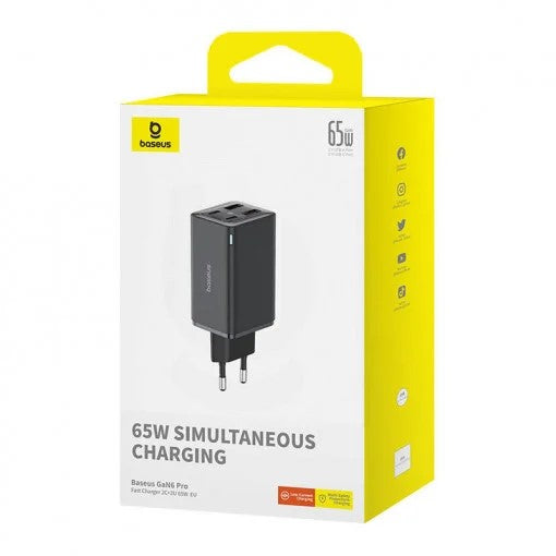 INCARCATOR RETEA Baseus GaN6 Pro, Quick Charge 65W, 2 x USB Type-C Output 5V/3A,2 x USB (include cablu USB Type-C la USB Type-C de 100W),negru "P10162701113-00" -6932172644444