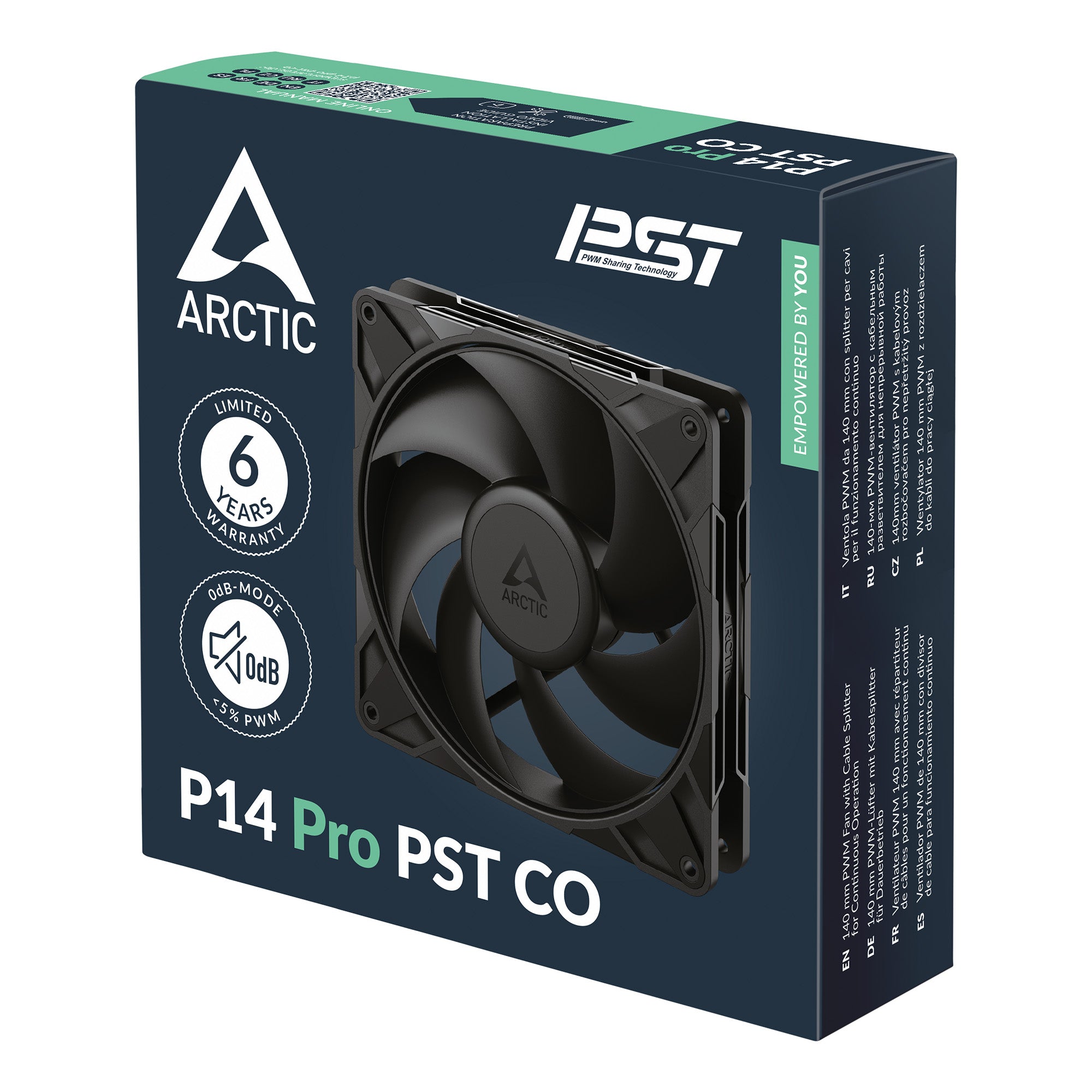 Ventilator Arctic "P14 Pro PST CO", 140mm, 600 - 3000 RPM, Dual Ball Bearing, 110 cfm, 4-Pin Fan Plug + 4-Pin Socket, lungime cablu 400 mm + 80 mm Daisy-Chain, negru, "ACFAN00316A" - 4895265000409