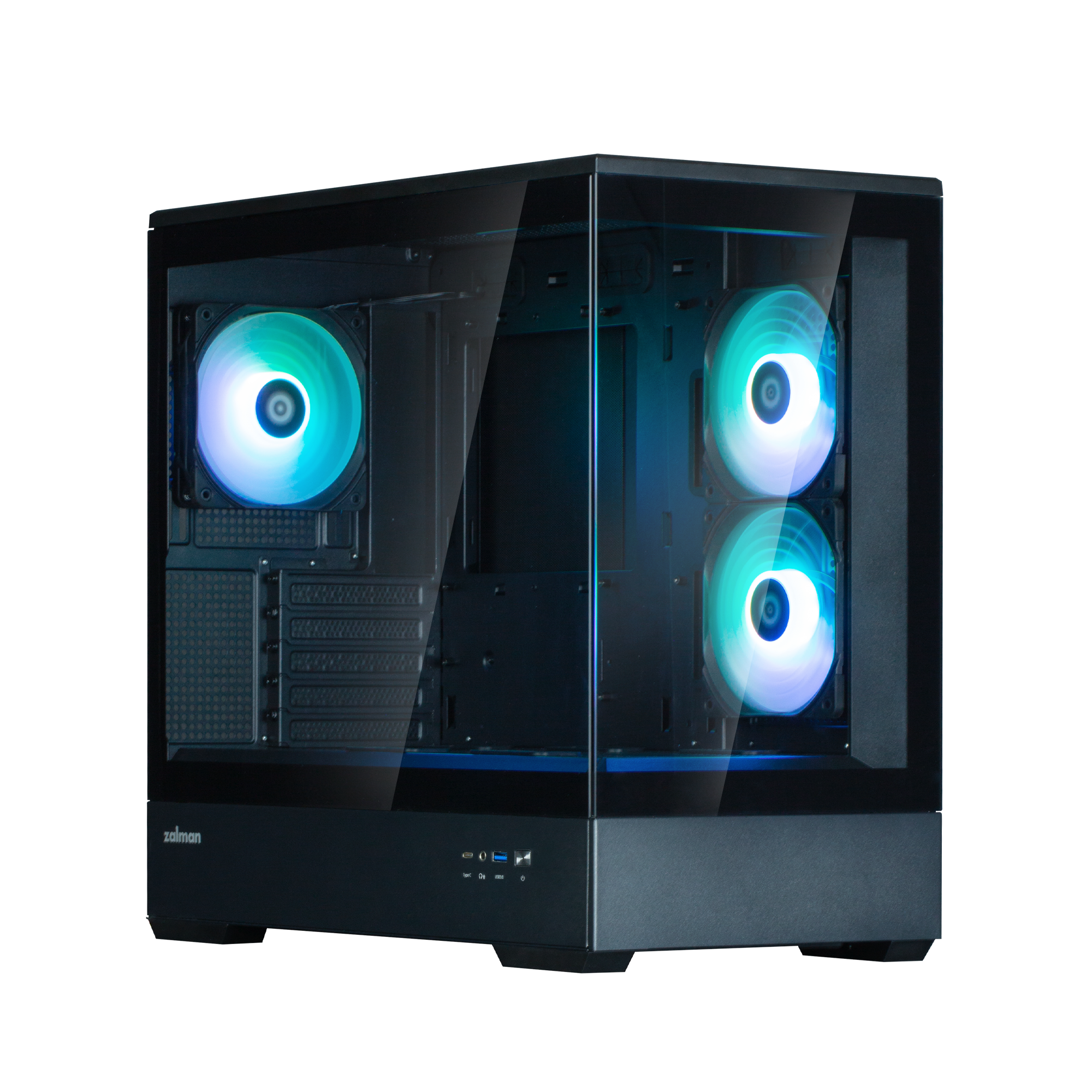 CARCASA Zalman "P30 v2", mini tower, gaming, fara sursa, suporta 9xfan, 3xfan inclus, PSU shroud, USB Type-C x 1, USB 3.1 gen1 x 1, audio+mic, 5 sloturi expansiune, negru, "P30 Black V2"