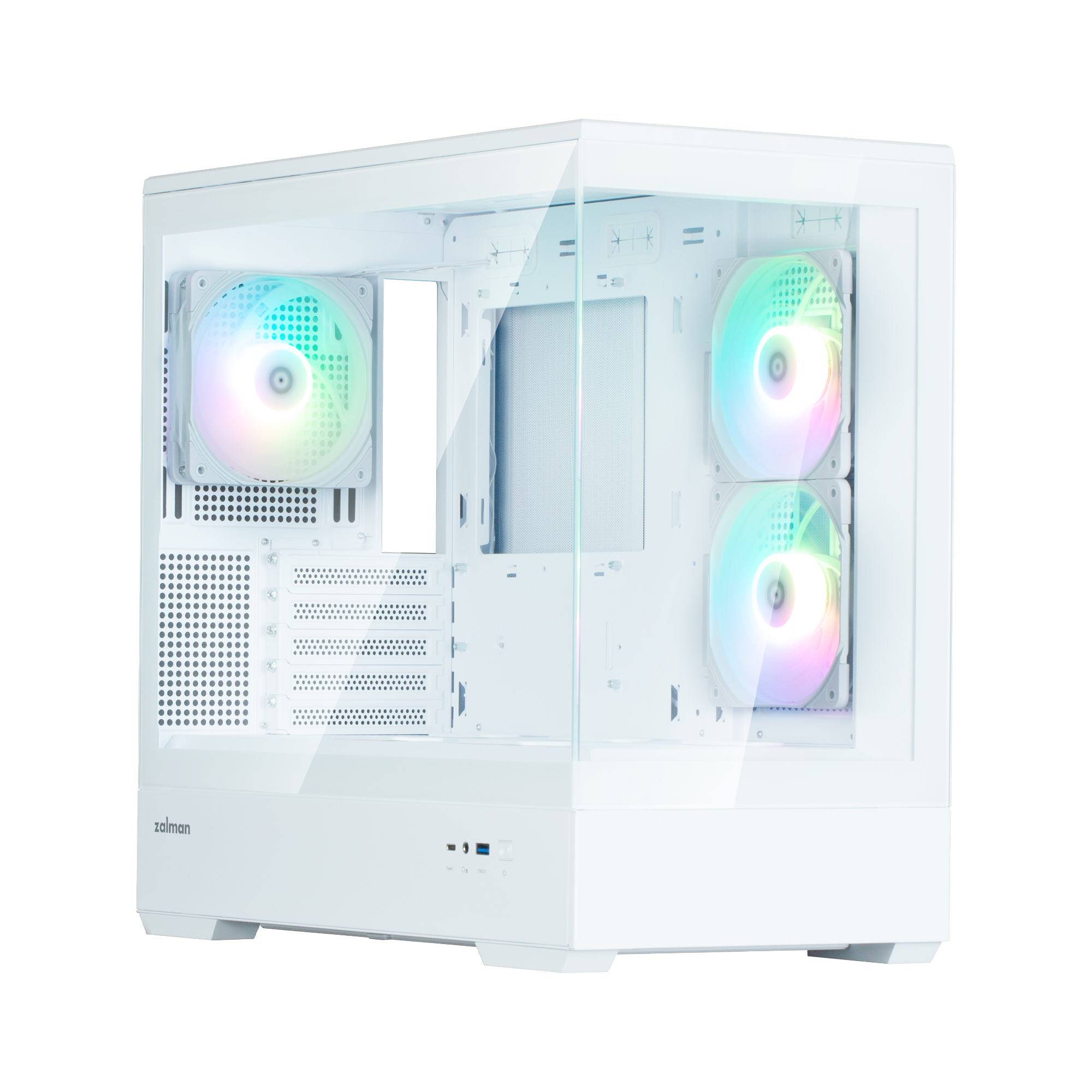 CARCASA Zalman "P30 v2", mini tower, gaming, fara sursa, suporta 9xfan, 3xfan inclus, PSU shroud, USB Type-C x 1, USB 3.1 gen1 x 1, audio+mic, 5 sloturi expansiune, alb, "P30 White V2"