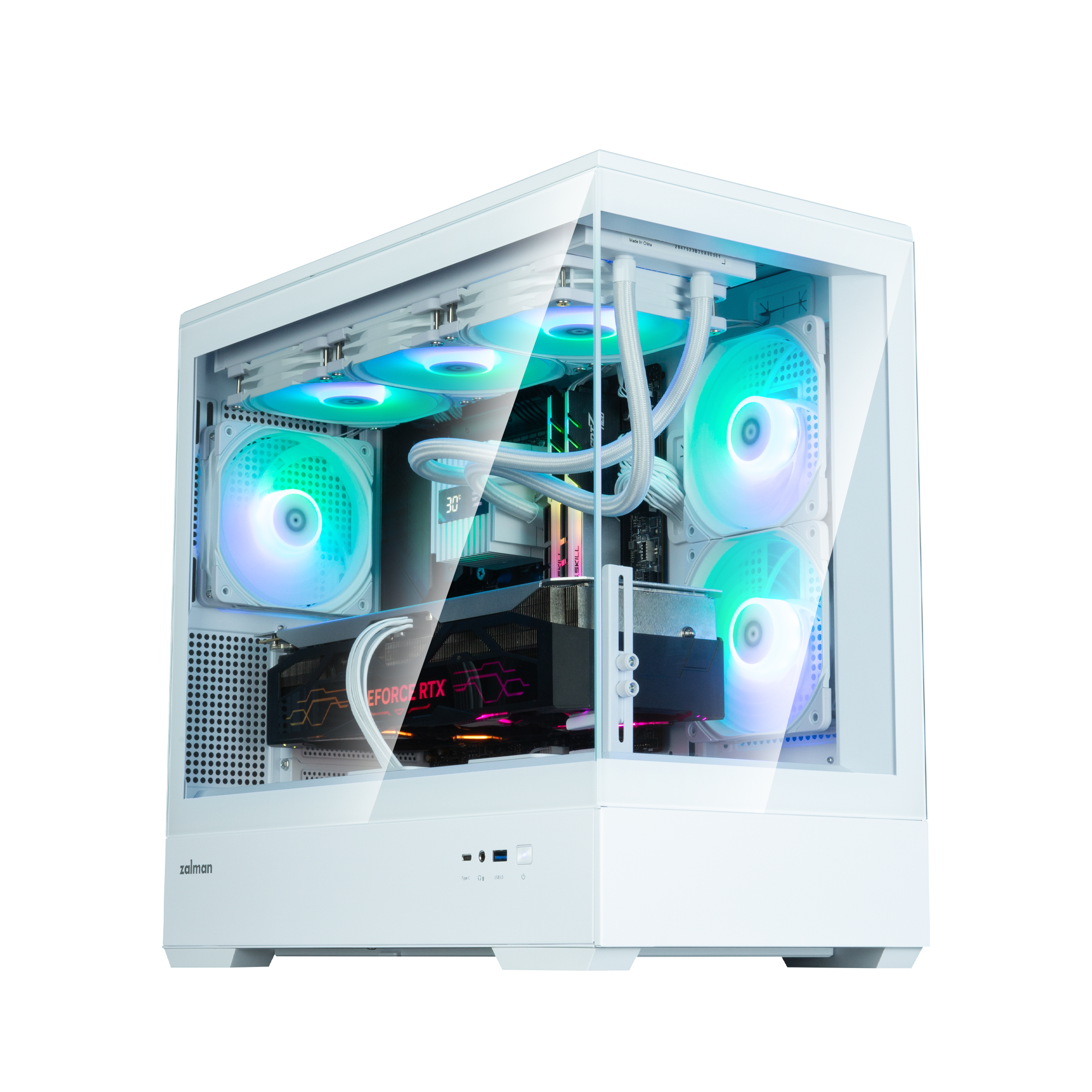 CARCASA Zalman "P30 v2", mini tower, gaming, fara sursa, suporta 9xfan, 3xfan inclus, PSU shroud, USB Type-C x 1, USB 3.1 gen1 x 1, audio+mic, 5 sloturi expansiune, alb, "P30 White V2"