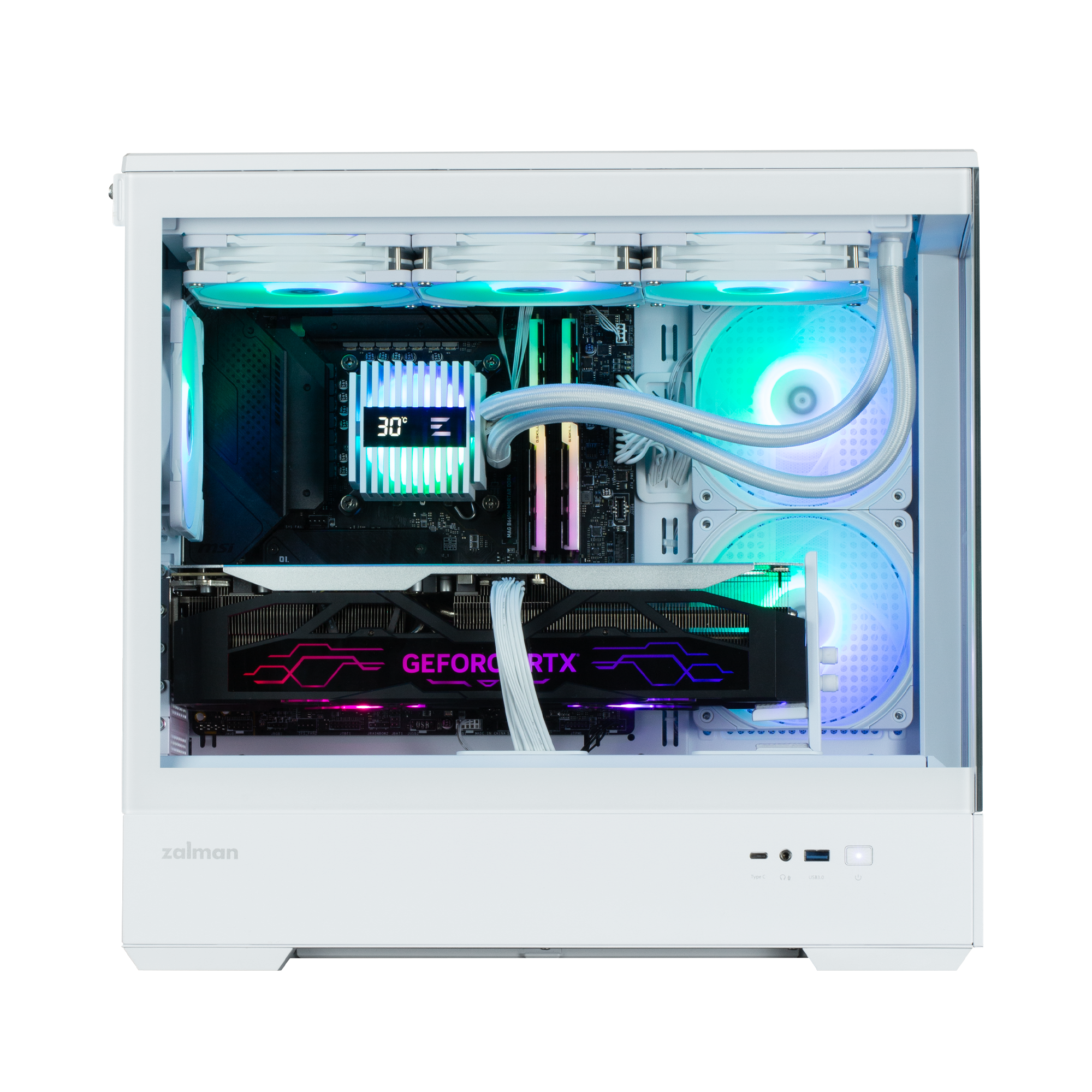 CARCASA Zalman "P30 v2", mini tower, gaming, fara sursa, suporta 9xfan, 3xfan inclus, PSU shroud, USB Type-C x 1, USB 3.1 gen1 x 1, audio+mic, 5 sloturi expansiune, alb, "P30 White V2"