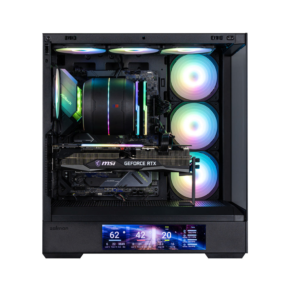 CARCASA Zalman "P40 DS", middle tower, gaming, fara sursa, suporta 10xfan, 4xfan inclus, PSU shroud, display 9.1inch, USB Type-C x 1, USB 3.1 gen1 x 2, audio+mic, , negru, "P40 DS Black"
