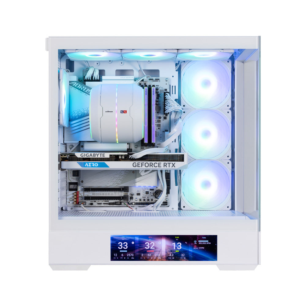 CARCASA Zalman "P40 DS", middle tower, gaming, fara sursa, suporta 10xfan, 4xfan inclus, PSU shroud, display 9.1inch, MB BTF, USB Type-C x 1, USB 3.1 gen1 x 2, audio+mic, alb, "P40 DS White"