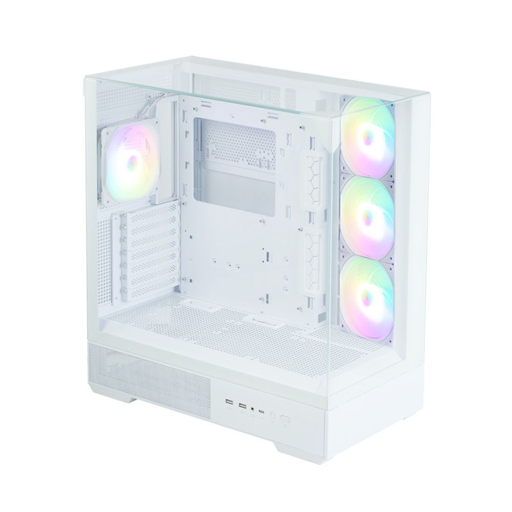 CARCASA Zalman "P40 Prism Plus", middle tower, gaming, fara sursa, suporta 9xfan, 4xfan inclus, PSU shroud, afisaj electronic, USB Type-C x 1, USB 3.1 gen1 x 2, audio+mic, 7 sloturi expansiune, alb, "P40 Prism Plus White"