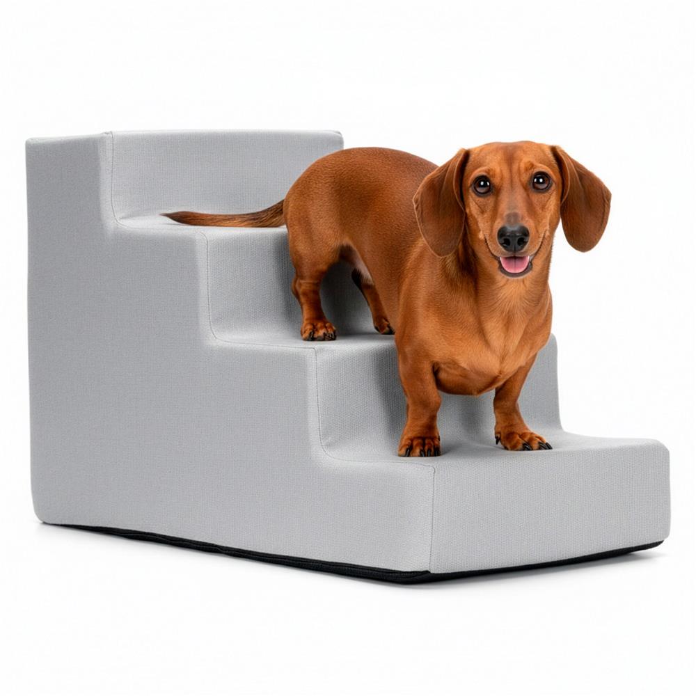 Scara pentru animale de companie, caini sau pisici, 4 trepte, antiderapanta, husa detasabila, inaltime 40 cm, gri deschis