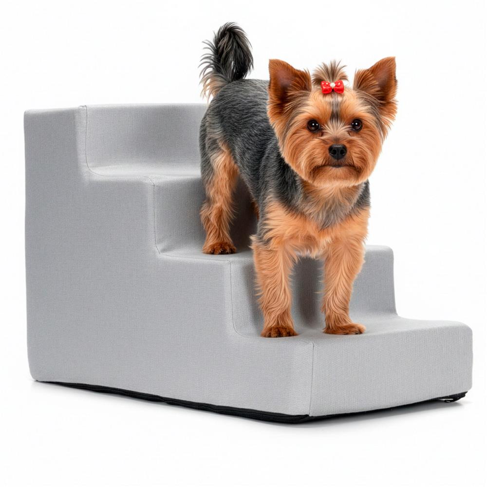 Scara pentru animale de companie, caini sau pisici, 4 trepte, antiderapanta, husa detasabila, inaltime 40 cm, gri deschis