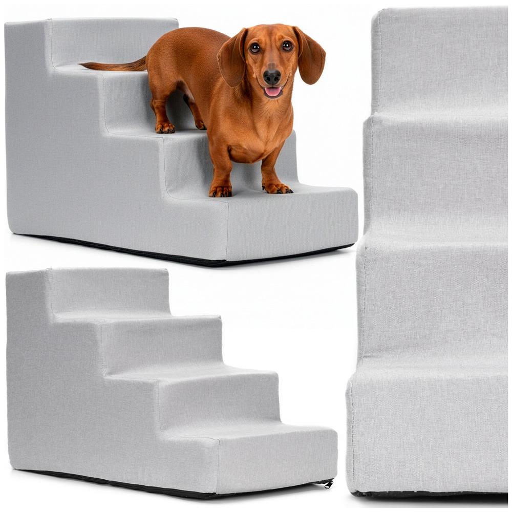 Scara pentru animale de companie, caini sau pisici, 4 trepte, antiderapanta, husa detasabila, inaltime 40 cm, gri deschis