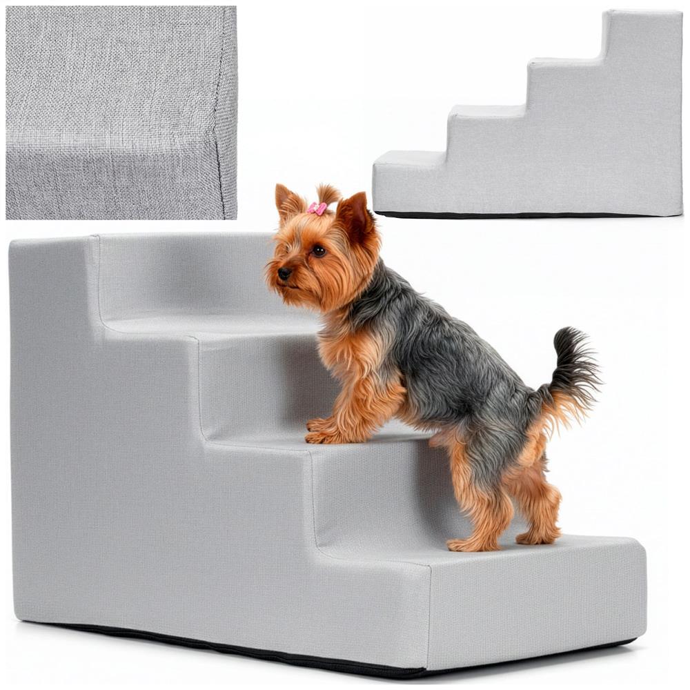 Scara pentru animale de companie, caini sau pisici, 4 trepte, antiderapanta, husa detasabila, inaltime 40 cm, gri deschis