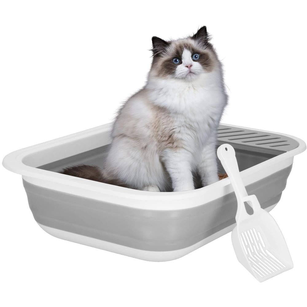 Litiera pliabila pentru pisici cu lopatica si capac, 45x34x12 cm, gri si alb