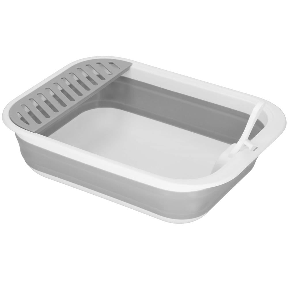Litiera pliabila pentru pisici cu lopatica si capac, 45x34x12 cm, gri si alb