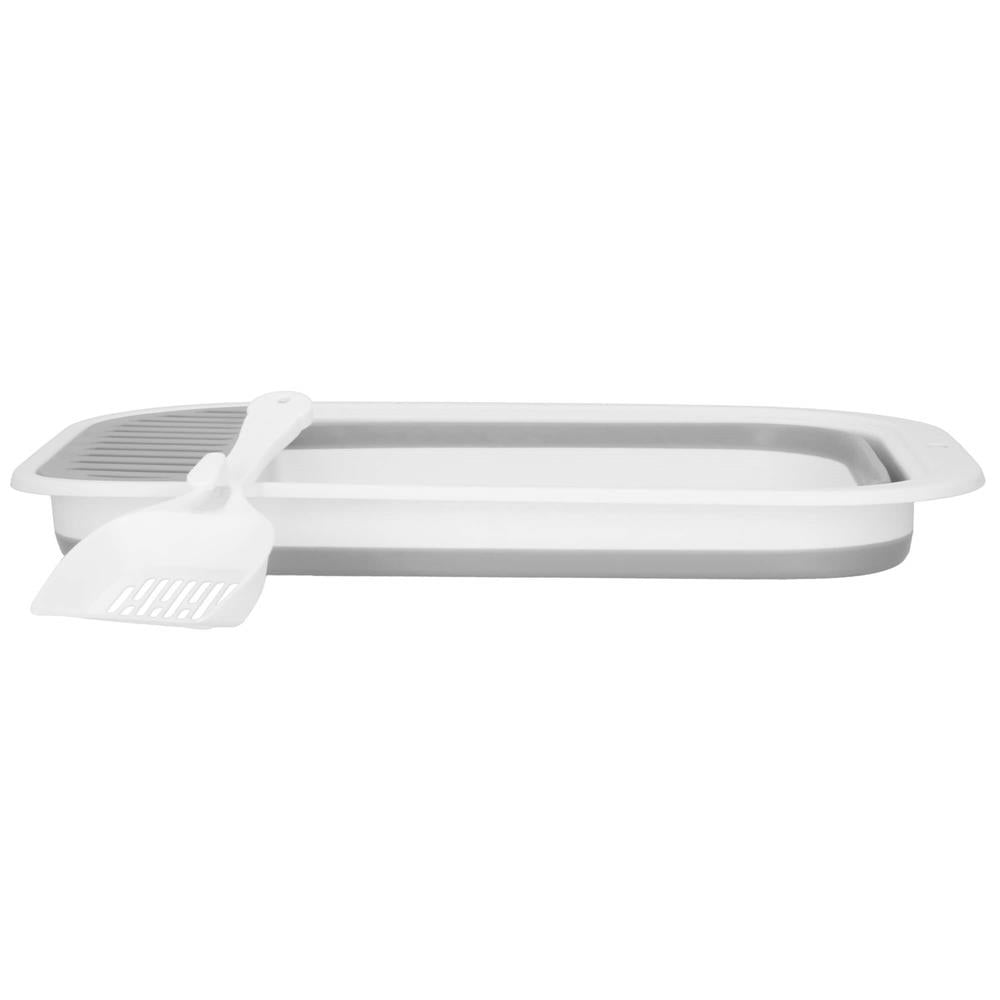 Litiera pliabila pentru pisici cu lopatica si capac, 45x34x12 cm, gri si alb