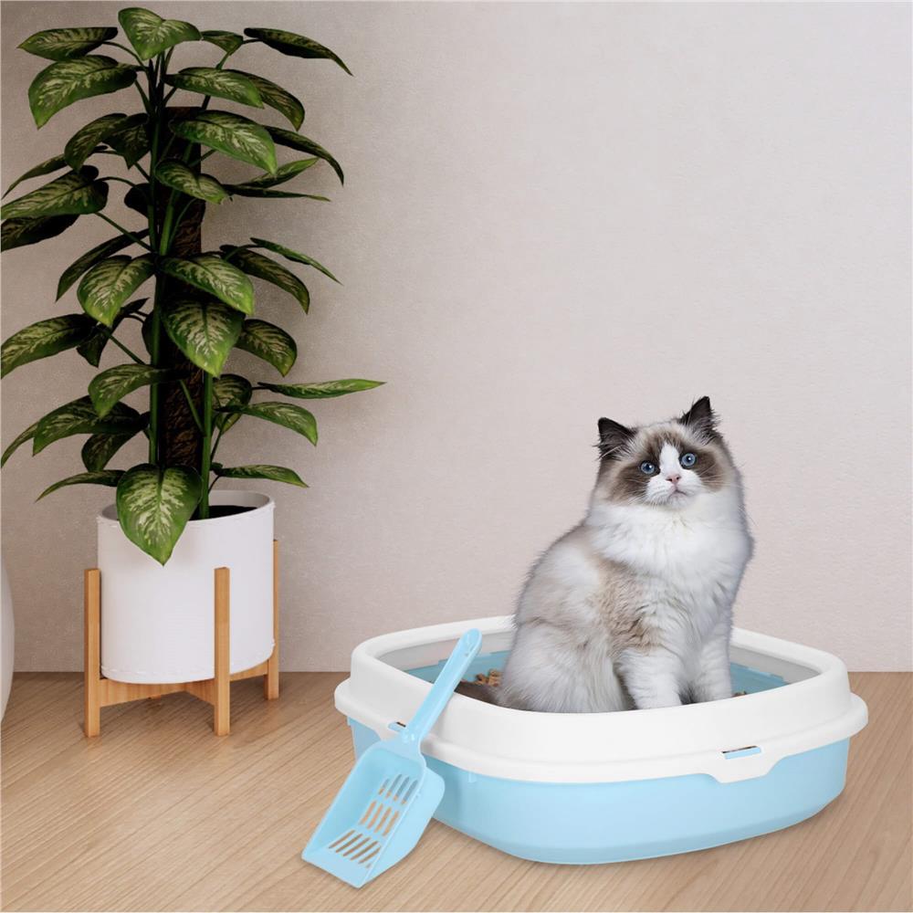 Litiera pentru pisici cu lopatica, 40x33x11 cm, albastru si alb