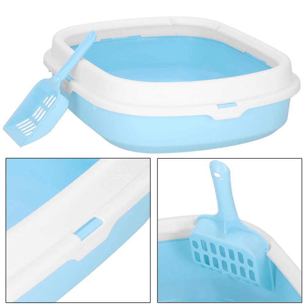 Litiera pentru pisici cu lopatica, 40x33x11 cm, albastru si alb