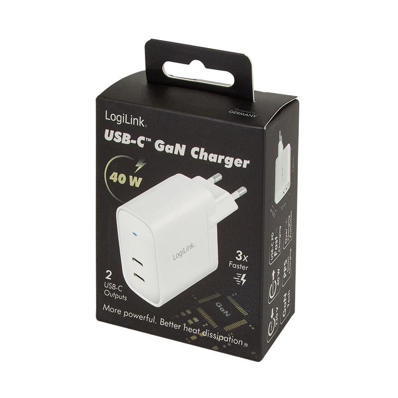 Alimentator retea 220V Logilink, universal, 2 x USB-C, maxim 11V/1.8A, GaN 40W, suport OCP/OVP/OHP/SCP, alb, 