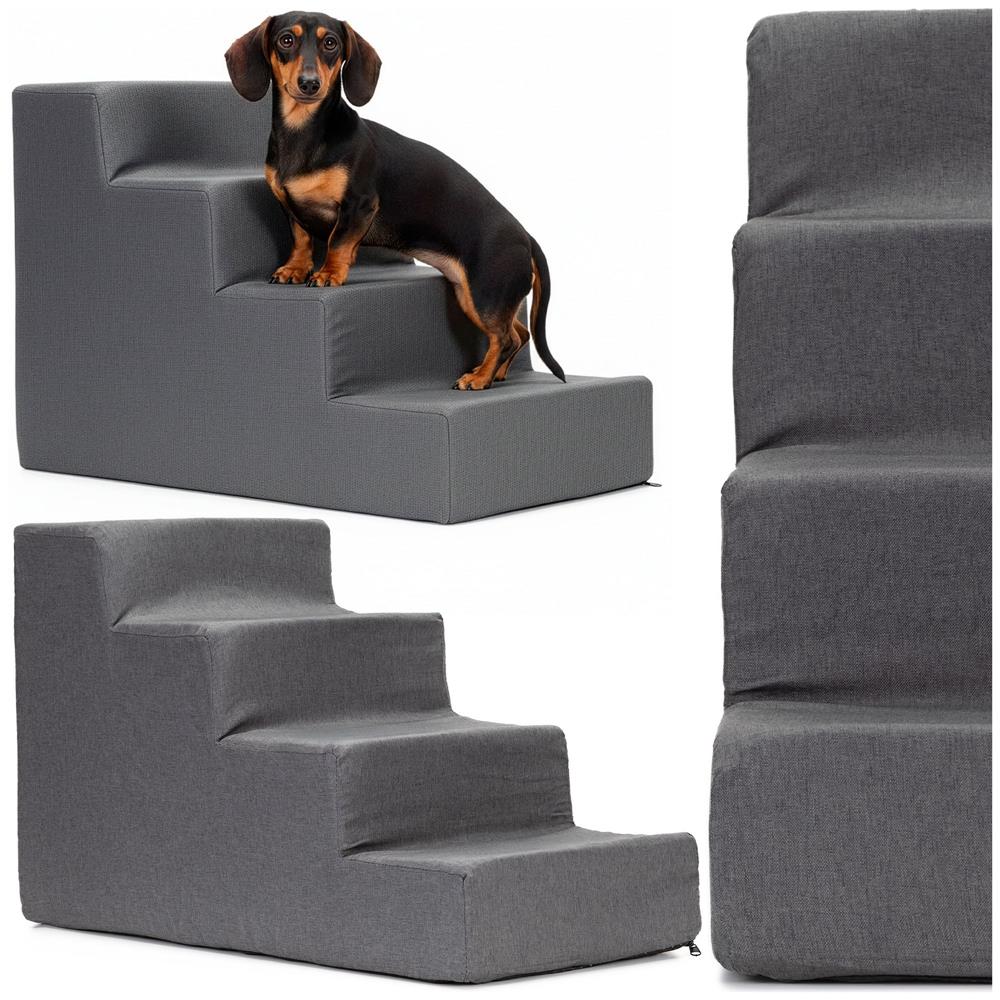 Scara pentru animale de companie, caini sau pisici, 4 trepte, antiderapanta, husa detasabila, inaltime 40 cm, gri inchis