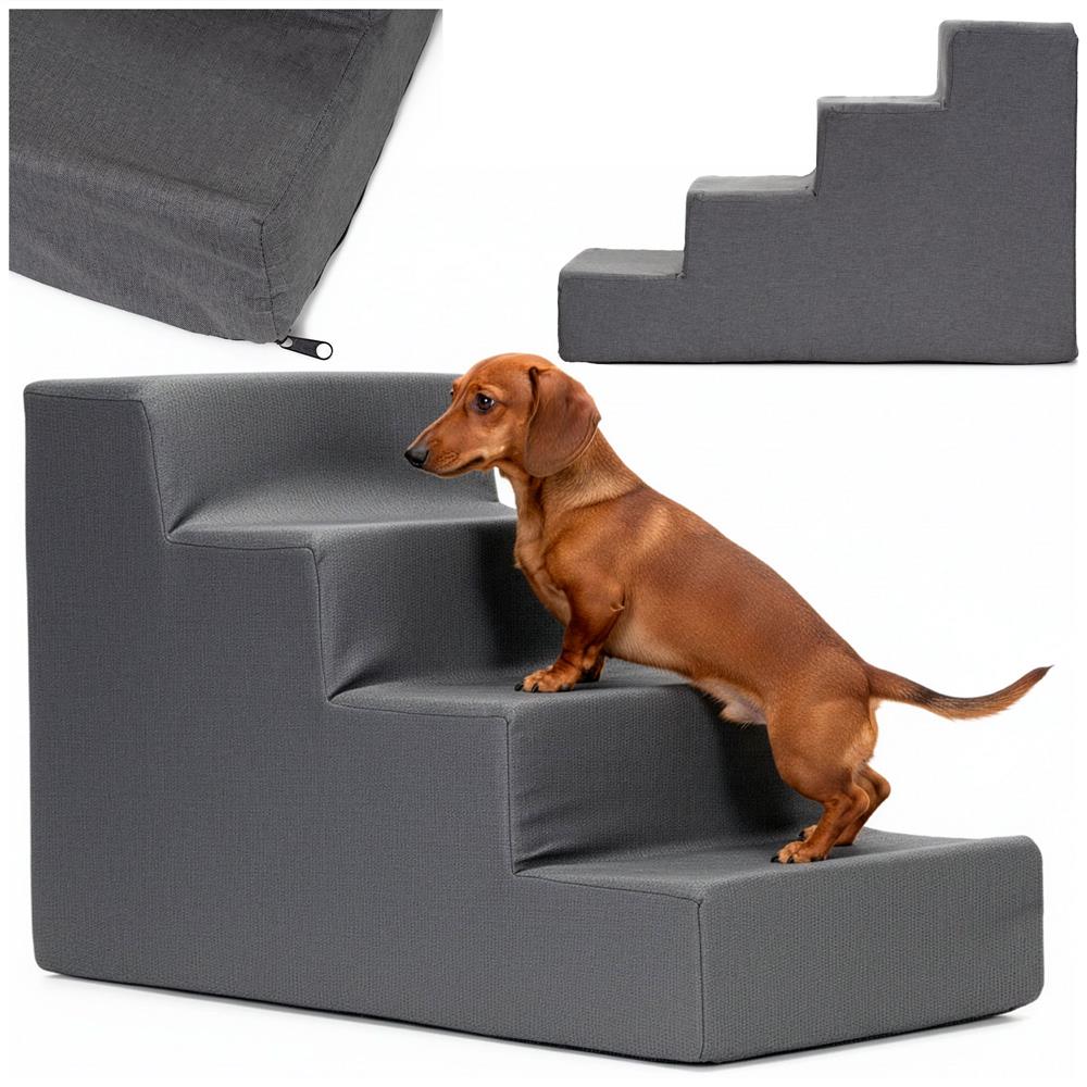 Scara pentru animale de companie, caini sau pisici, 4 trepte, antiderapanta, husa detasabila, inaltime 40 cm, gri inchis