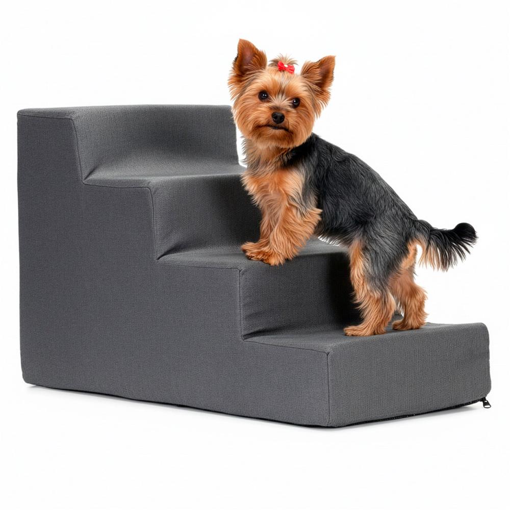 Scara pentru animale de companie, caini sau pisici, 4 trepte, antiderapanta, husa detasabila, inaltime 40 cm, gri inchis