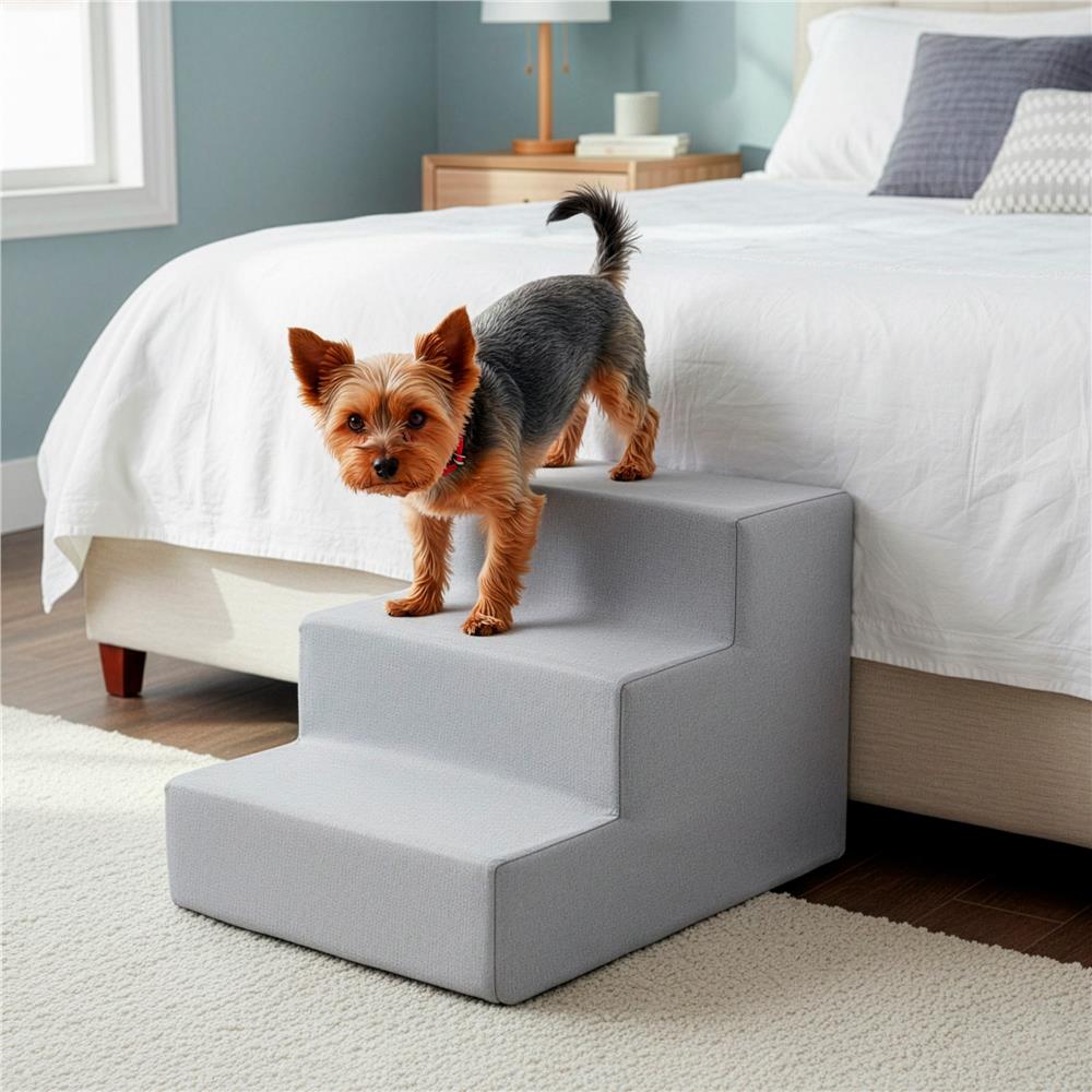 Scara pentru animale de companie, caini sau pisici, 3 trepte, antiderapanta, husa detasabila, inaltime 30 cm, gri deschis