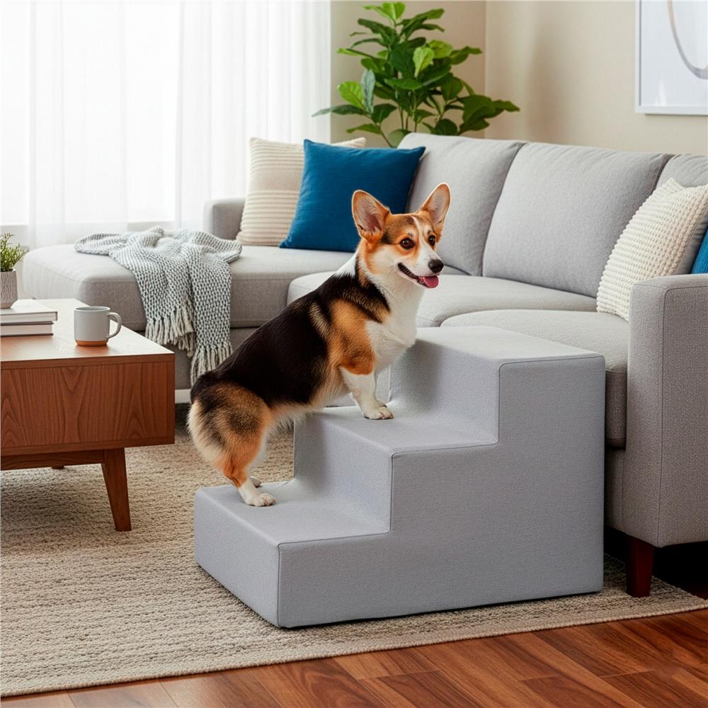 Scara pentru animale de companie, caini sau pisici, 3 trepte, antiderapanta, husa detasabila, inaltime 30 cm, gri deschis