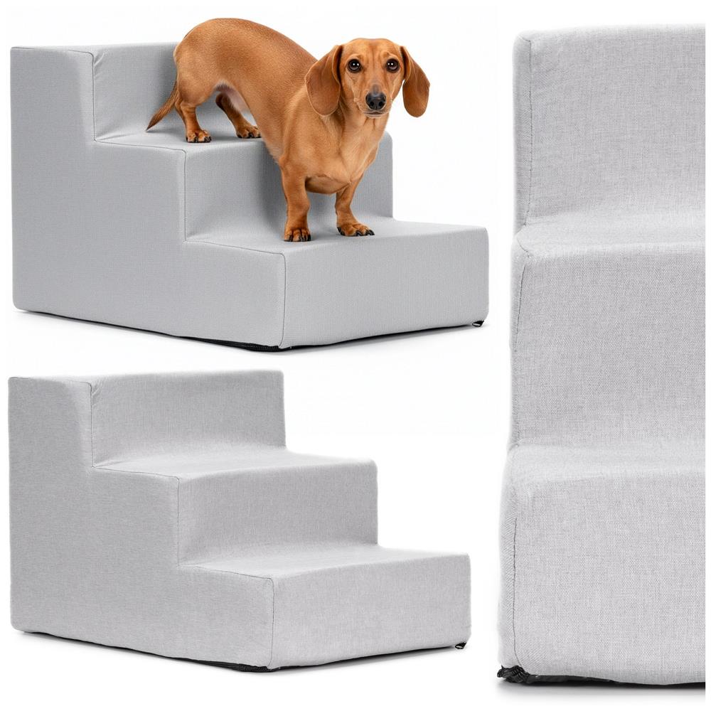 Scara pentru animale de companie, caini sau pisici, 3 trepte, antiderapanta, husa detasabila, inaltime 30 cm, gri deschis