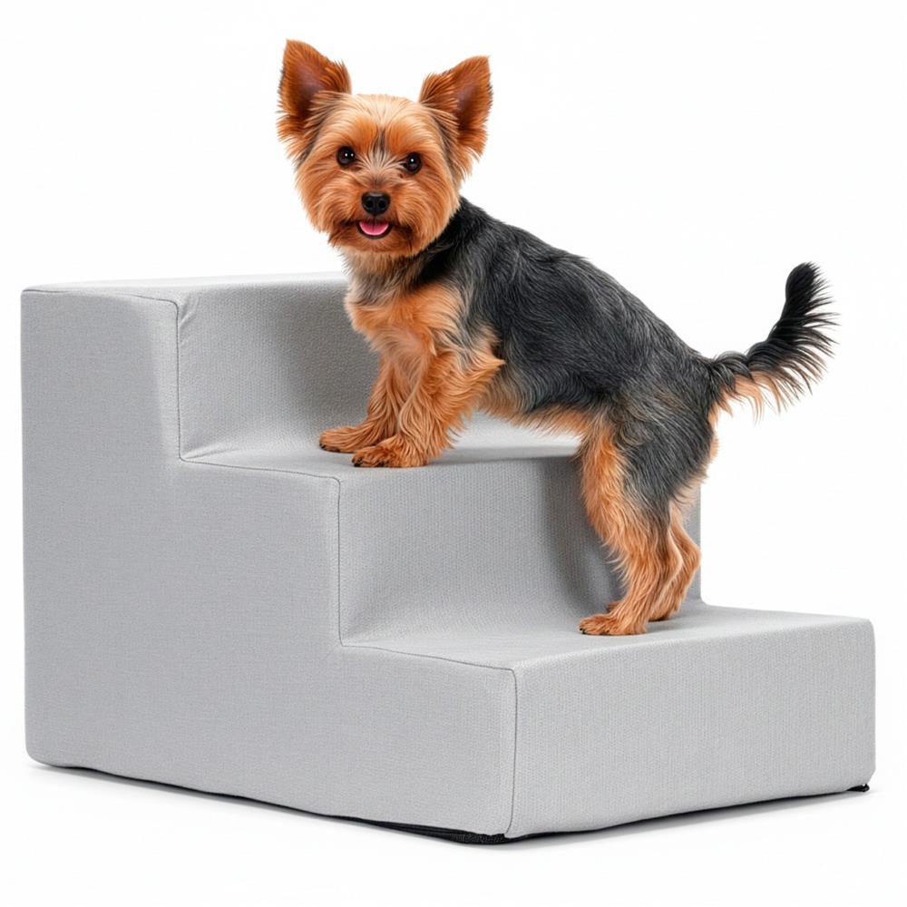 Scara pentru animale de companie, caini sau pisici, 3 trepte, antiderapanta, husa detasabila, inaltime 30 cm, gri deschis
